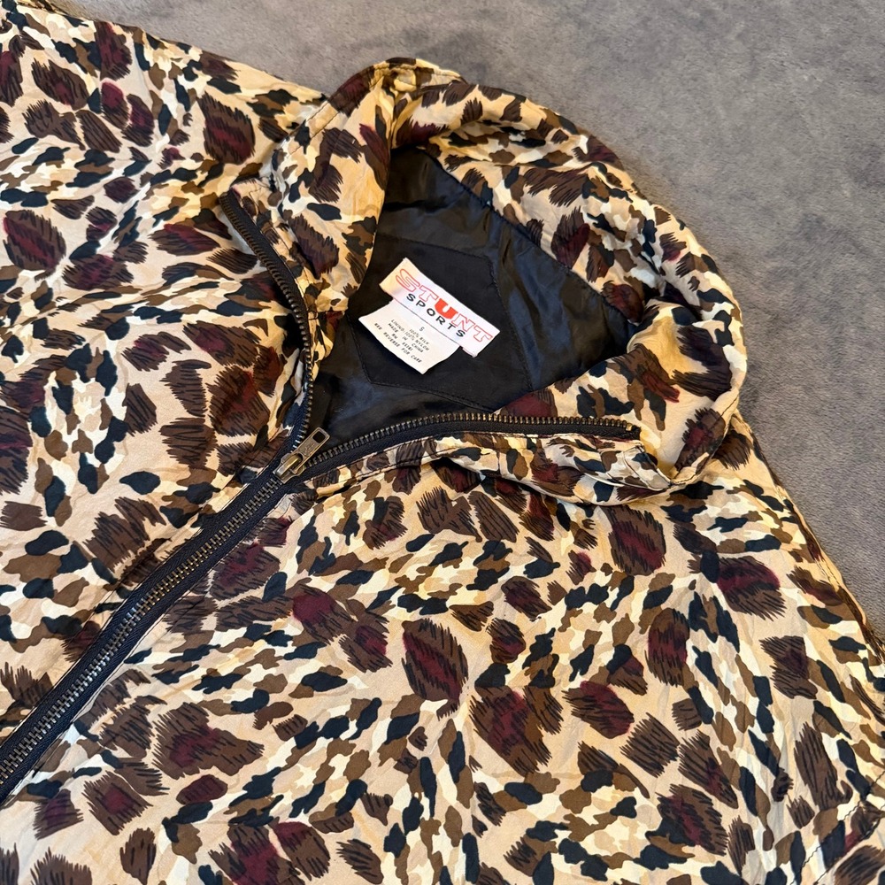 Stunt Sports Leopard Print Silk Jacket Womens Small Brown Full Zip Vintage